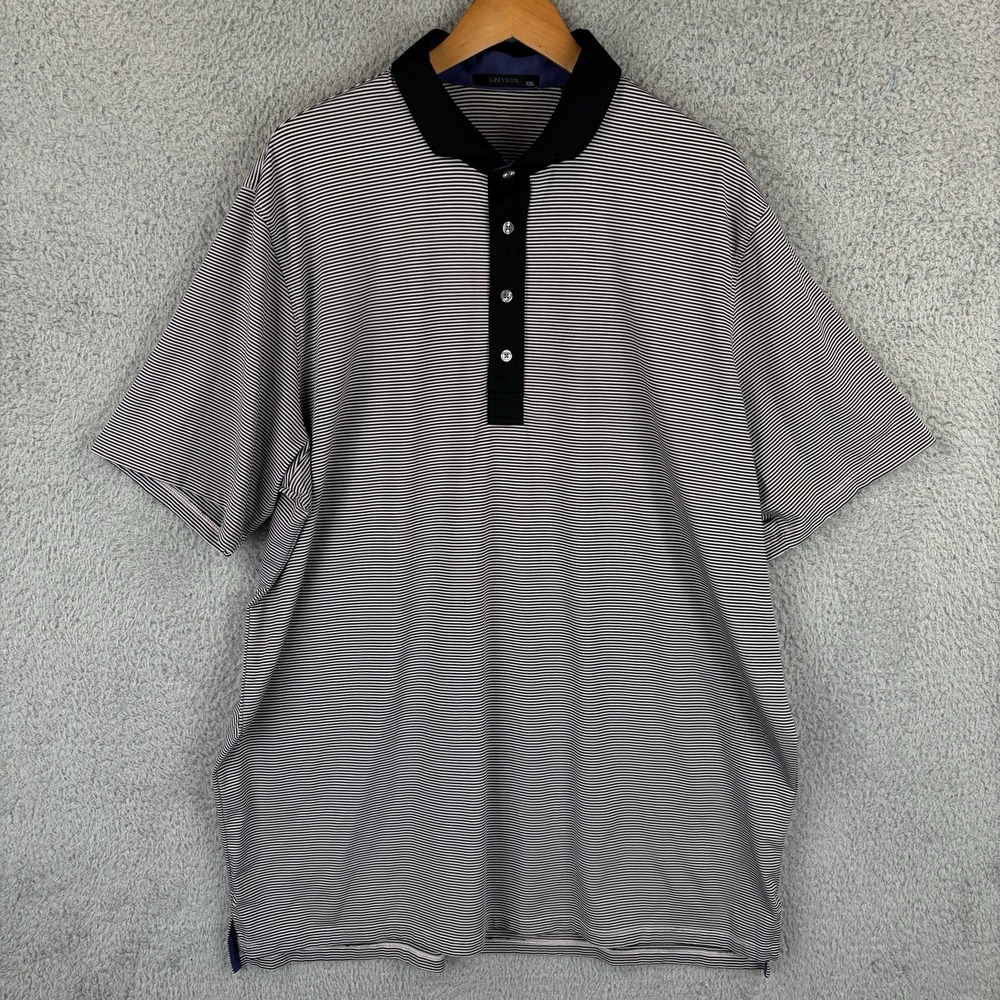 Greyson‎ Polo Shirt Mens 2XL Black White Micro Stripe Performance Golf *Logo*